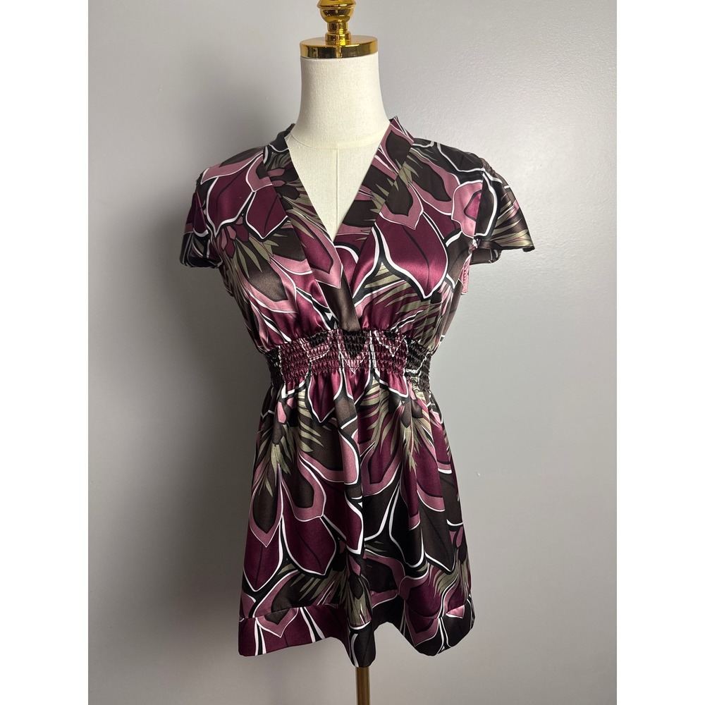 Apt. 9 Floral Blouse Women PM Plum Excellent Smocked V-Neck Satin Finish